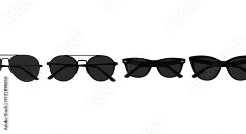 Collection of stylish black sunglasses assortment on white surface for summer fashion vector