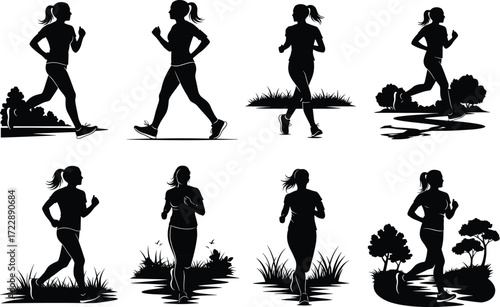Jogging silhouette set, black, ponytail runners, outdoor nature scenes, grass, trees, birds, healthy lifestyle theme, vector exercise illustration bundle