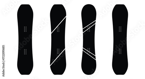 Four black snowboards displayed top down with unique graphics and bindings detail vector