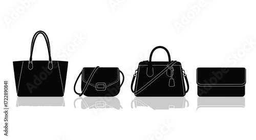 Four luxurious black patent leather handbags and accessories displayed in a studio setting vector