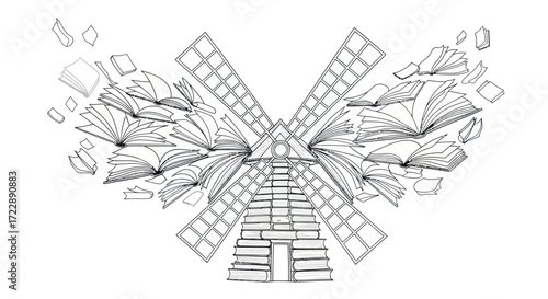 Literary landscape: A windmill constructed of books surrounded by flying pages