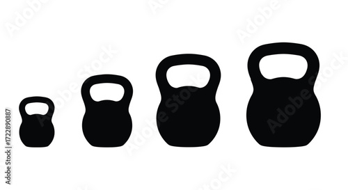 Four black kettlebells of increasing size for strength training and fitness workouts vector