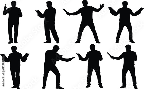 Presenter silhouette set featuring expressive book-holding poses with dynamic gestures for educational, theatrical, and public speaking design use