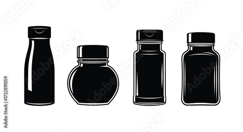 Four black glass bottles with caps showcase various shapes and sizes for liquids vector