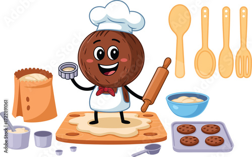 Happy coconut character baking cookies with flour and baking tools