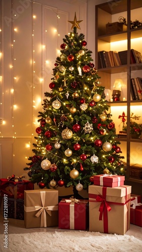 Christmas tree with gifts in a cozy room
