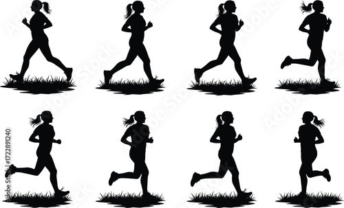 Running silhouette set, black, ponytail figures, outdoor grassy base, stride phases, motion study theme, vector athletic posture illustration bundle