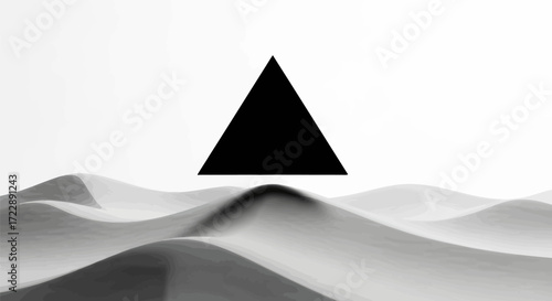Minimalist grayscale landscape featuring abstract sand dunes and a hovering triangle shape