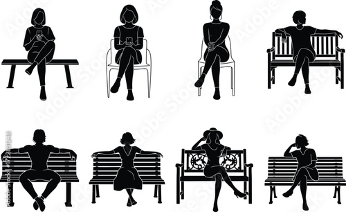 Seated posture silhouette set, black, benches and chairs, relaxed poses, crossed legs, leaning back, vector sitting illustration bundle