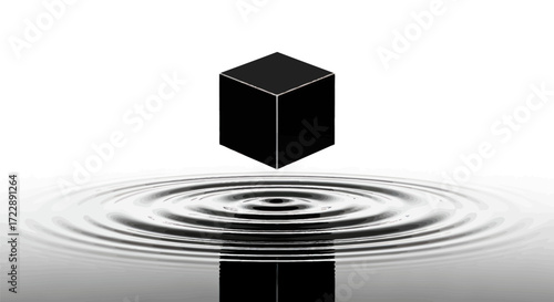 Minimalist monochromatic cube levitating above serene water surface with symmetrical ripples