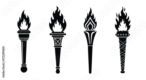 Set of four ornate torches with flames silhouette symbols ancient olympic flame concept vector