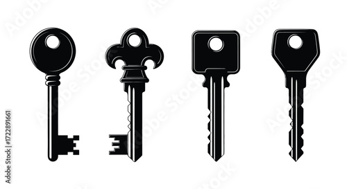 Collection of four antique and modern skeleton keys representing security and access vector