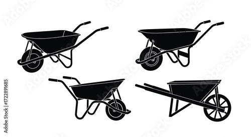 Collection of four vintage wheelbarrow silhouettes for gardening and construction tasks vector