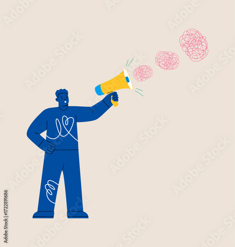 Man holding megaphone talking through messy chaos. Miscommunication concept. Colorful vector illustration