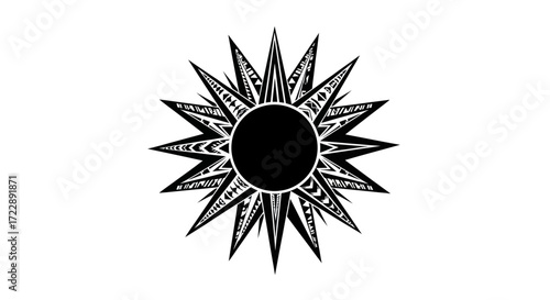 Monochrome radiant emblem with patterned rays, symbolizing cultural artistry and design