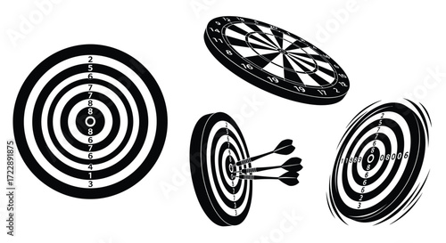 Darts and dartboards collection dynamic perspectives artistic sketch rendering game elements vector