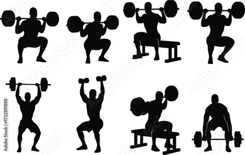 Weightlifting silhouette set, black, barbell and dumbbell poses, squats, presses, deadlifts, fitness theme, vector strength training illustration bundle