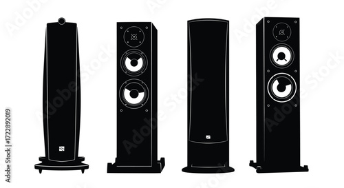 Four vertical black tall modern loudspeakers showcased individually on vector