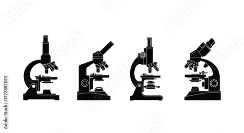 Collection of four diverse silhouette microscopes for scientific research and education vector