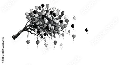 Monochrome tree adorned with a multitude of balloons symbolic of release and detachment