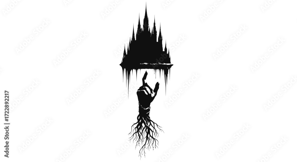 Obraz premium Mystical castle reaching for the sky held by a rooted hand dark conceptual art