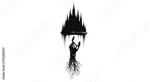 Mystical castle reaching for the sky held by a rooted hand dark conceptual art