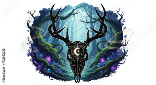 Mystical forest guardian: Deer skull with crescent moon amidst enchanted foliage and spectral