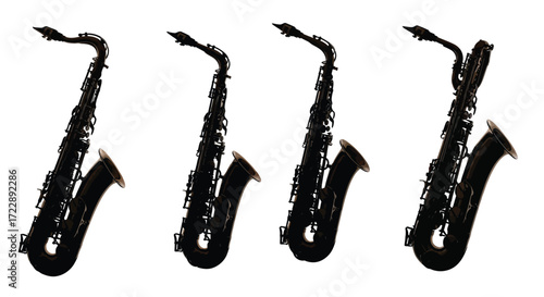 Row of four black saxophones musical instruments isolated on for jazz music vector