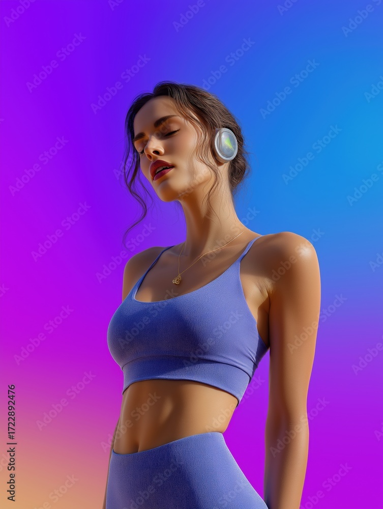 Obraz premium Young woman standing in front of a colorful background. she is wearing a blue sports bra and matching leggings. her hair is styled in loose waves and she is wearing white headphones around her neck.