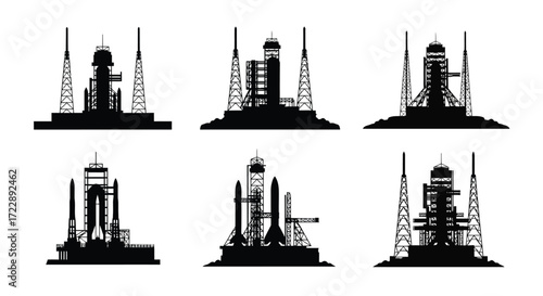 Collection of silhouette rocket launch pads space exploration technology set vector