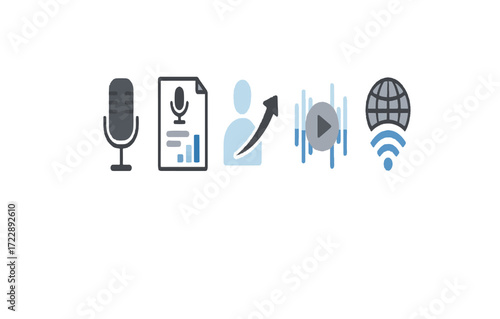 Print  Podcast promotion icon set – microphone, episode chart, listener growth, audio analytics, and distribution icon, modern flat vector, isolated on white background