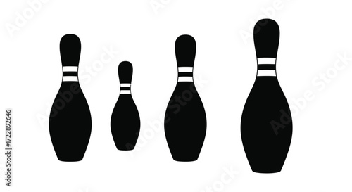 Bowling pins in varying sizes with black and white stripes for game sports recreation fun vector