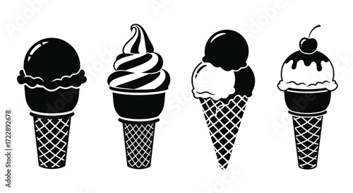 Four delicious ice cream cones in a row sweet summer dessert treats refreshing cold snacks vector