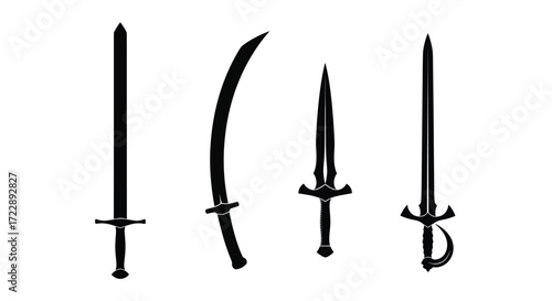 Collection of five different swords silhouette graphic art creative design element vector