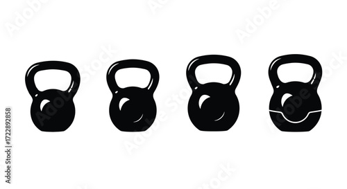 Four black kettlebells arranged in a row isolated on white for fitness and workout concepts vector