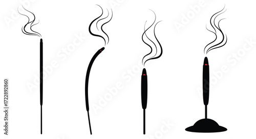 Set of four black ink stick incense burning wisps of smoke against white vector