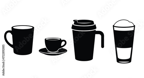 Collection of black coffee cups mugs and travel tumbler silhouettes for beverage service vector