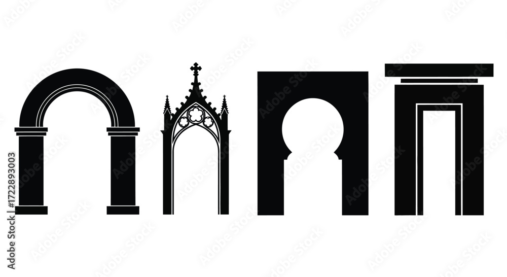 Fototapeta premium Diverse architectural archways set decorative entrance structures silhouette collection vector