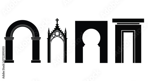 Diverse architectural archways set decorative entrance structures silhouette collection vector