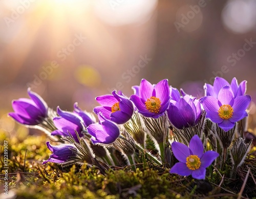 Purple Pasqueflower Blossoms in Spring Sunlight