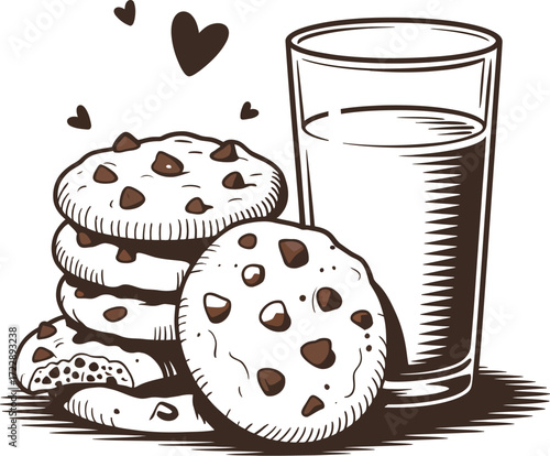 Delicious chocolate chip cookies with a refreshing glass of milk, a classic sweet treat.