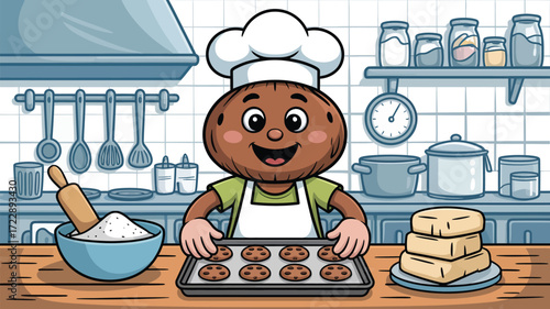 Joyful cartoon chef holding freshly baked cookies in a kitchen