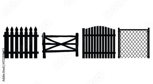 Collection of four distinct wooden and metal fences and gates in silhouette design vector