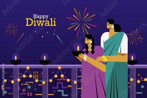 Illustration of a Indian mother and daughter family lighting Diwali festival lamps at their home	