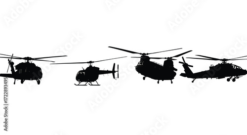 Silhouette of multiple military helicopters in formation flying against white sky vector