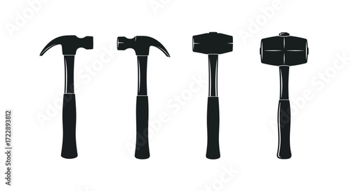 Collection of four diverse hammers for construction and diy tasks showcased on white vector