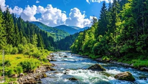 Mountain river flows through a lush forest under a bright, cloudy sky. Water glistens, with green trees framing the landscape