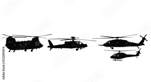 Multiple military helicopters silhouetted in flight various aircraft types flying together vector