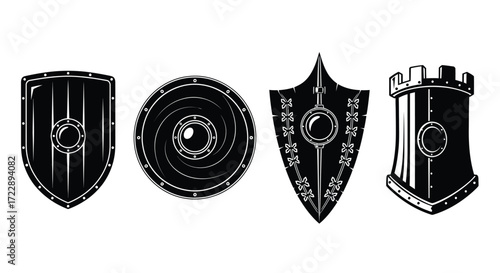 Set of four stylized medieval shields and tower elements decorative icons for fantasy games and history vector