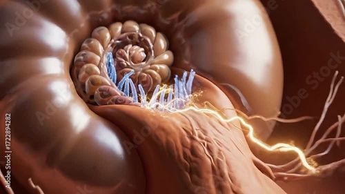 Close-up of delicate inner ear structures, showcasing intricate biological design and sensory reception.